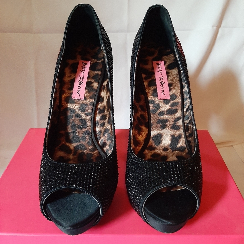 Betsey Johnson jewelled black/red satin heels, 9.5